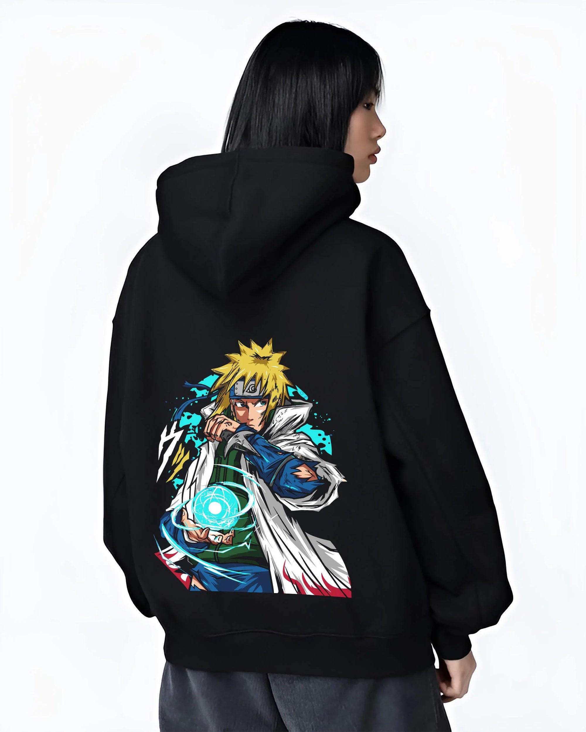 Black hoodie worn by female model, back view with Minato Namikaze Hoodie Naruto Fourth Hokage Power graphic streetwear graphic.