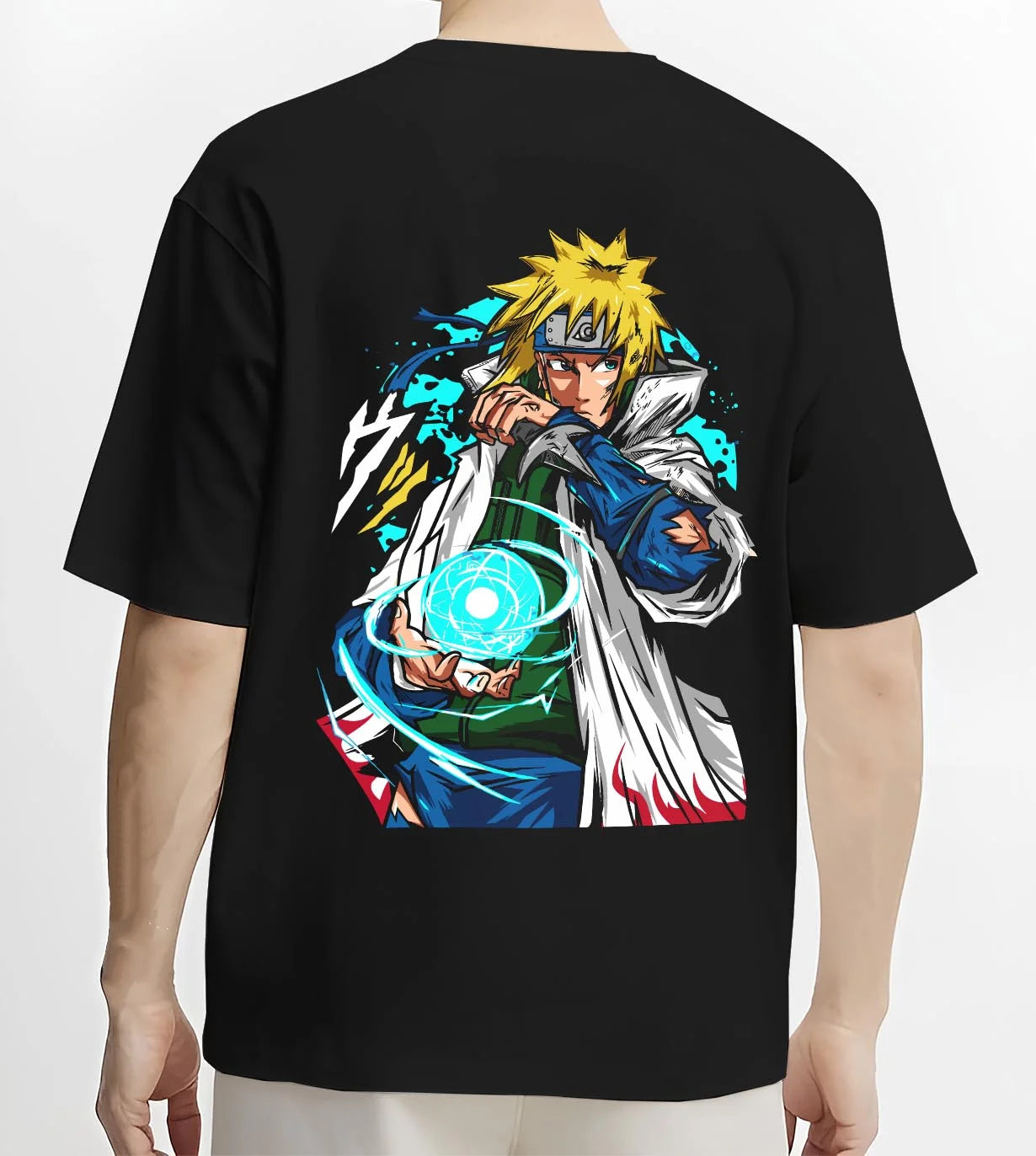 Black T-shirt worn by male model, back view with Minato Namikaze Hoodie Naruto Fourth Hokage Power graphic streetwear graphic.