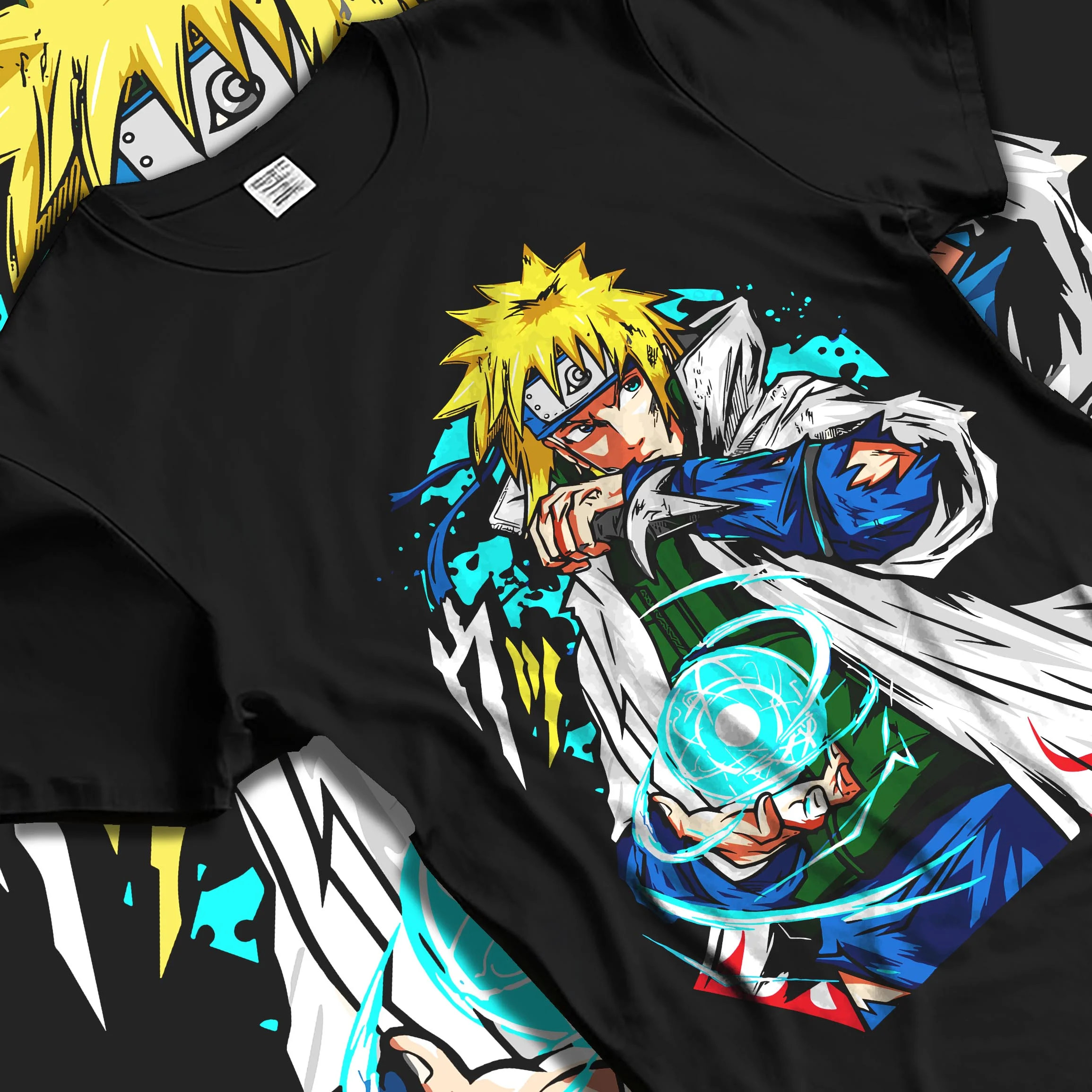 Black T-shirt laid flat with natural folds with Minato Namikaze Hoodie Naruto Fourth Hokage Power graphic premium wear.