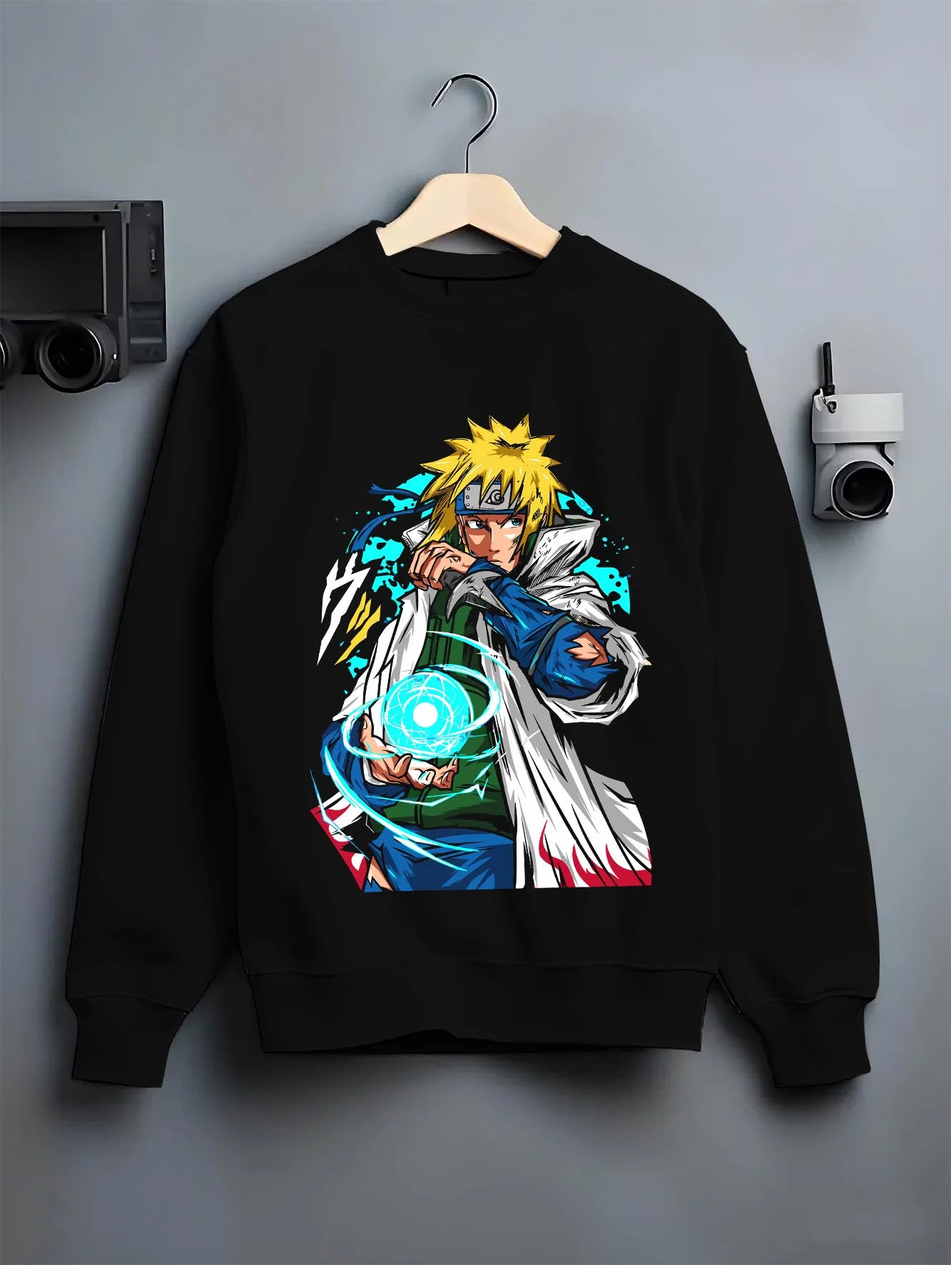 Black crewneck sweatshirt on hanger with Minato Namikaze Hoodie Naruto Fourth Hokage Power graphic premium wear.