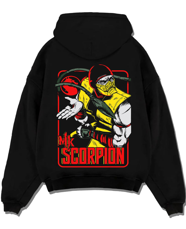 Black hoodie laid flat featuring Scorpion yellow ninja Hellfire Mortal Kombat artwork.