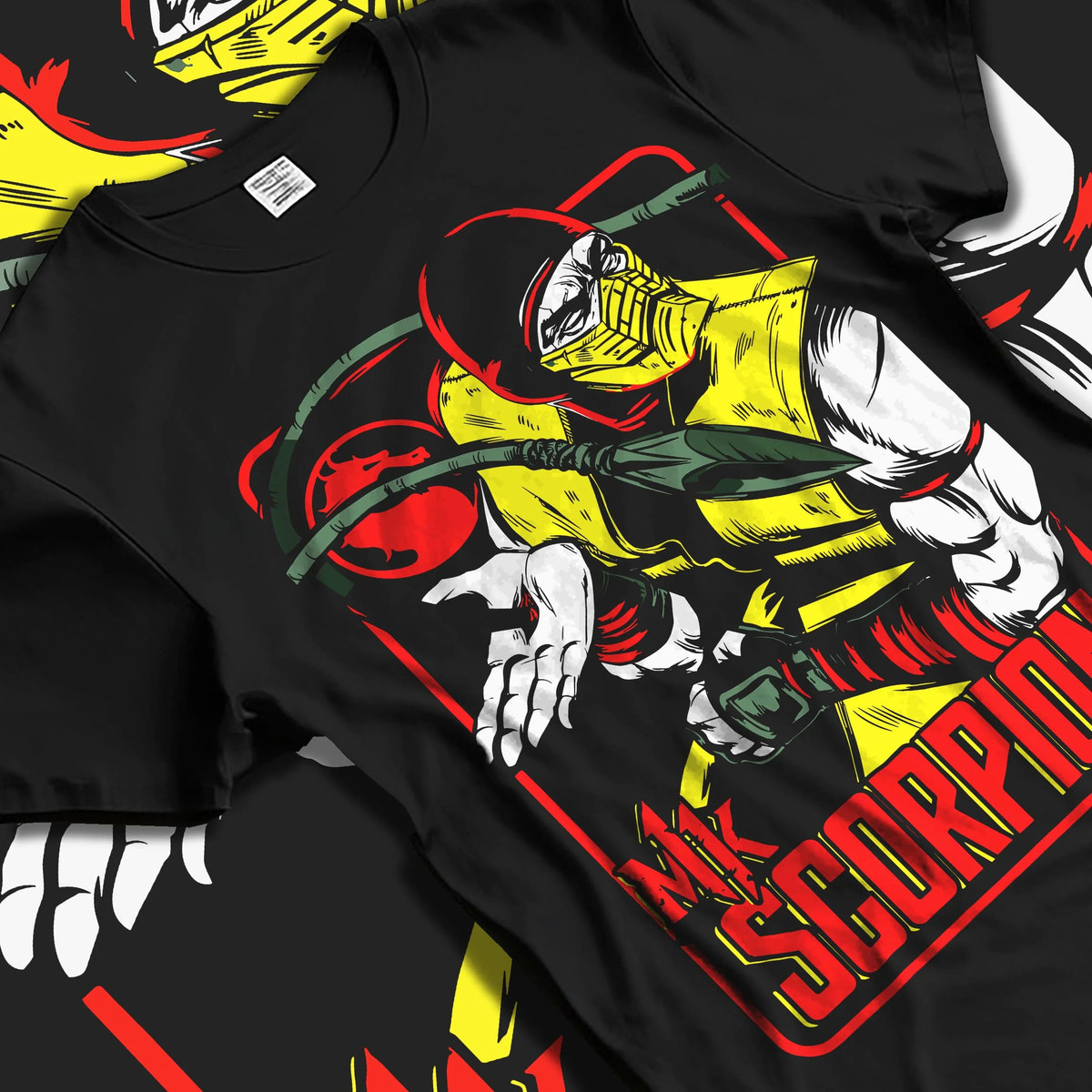 Black T-shirt laid flat with natural folds featuring Scorpion yellow ninja Hellfire Mortal Kombat artwork.