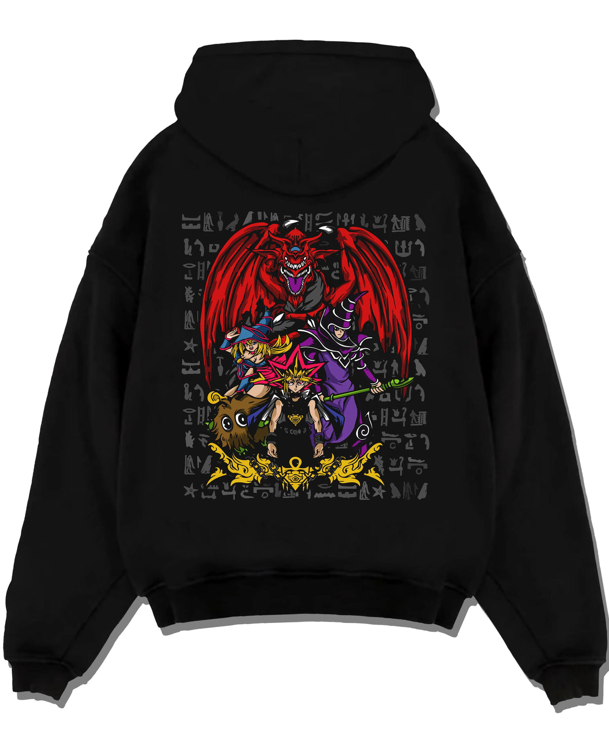 Black hoodie laid flat featuring Yugi Egyptian God Cards duel Yu-Gi-Oh! artwork.