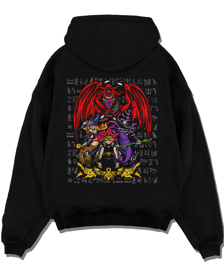 Black hoodie laid flat featuring Yugi Egyptian God Cards duel Yu-Gi-Oh! artwork.