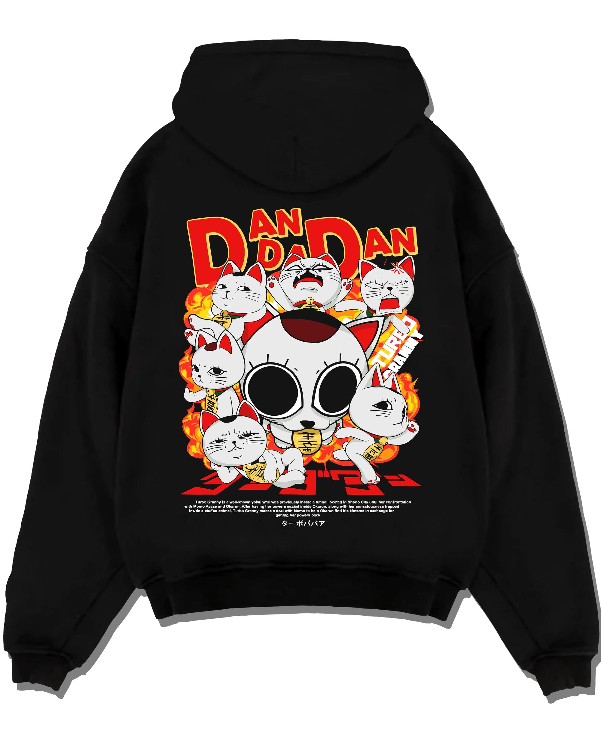 Black pullover hoodie laid flat with Turbo Granny Hoodie Dandadan Lucky Cat Spirit Anime graphic premium wear.