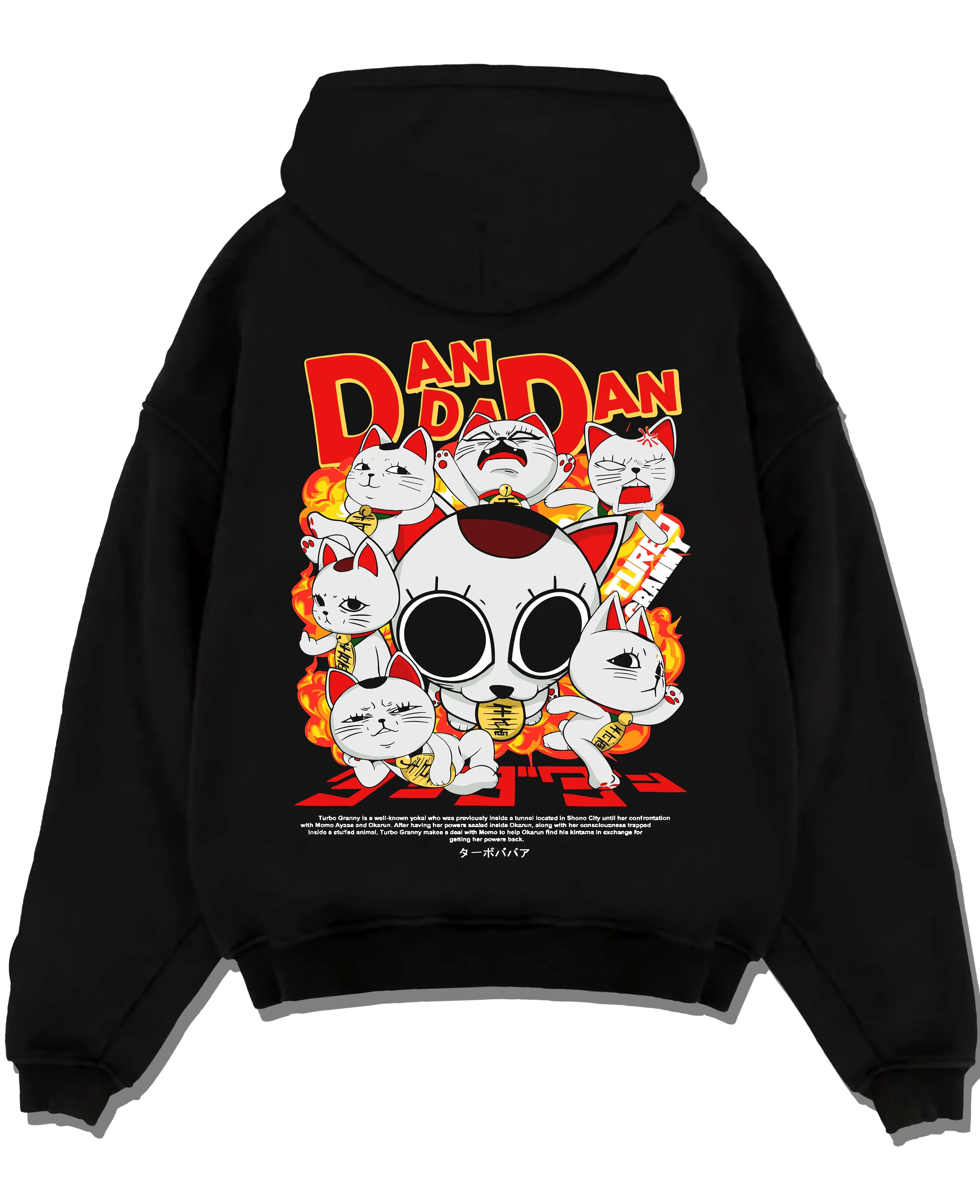 Black pullover hoodie laid flat with Turbo Granny Hoodie Dandadan Lucky Cat Spirit Anime graphic premium wear.