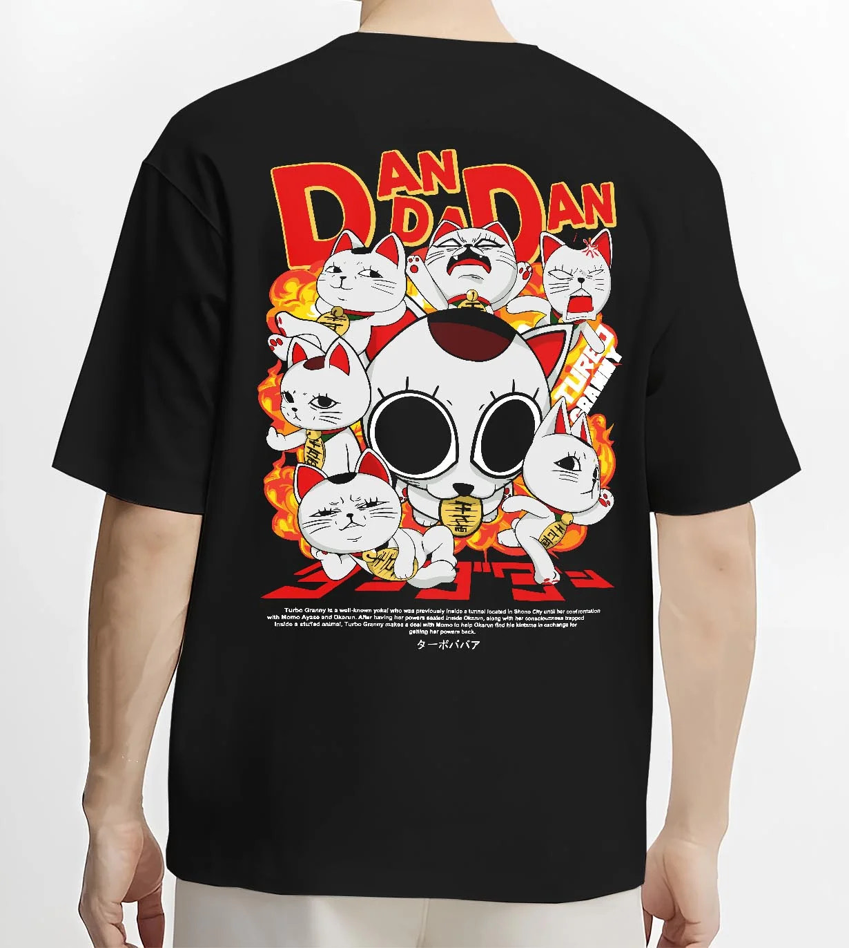 Black T-shirt worn by male model, back view with Turbo Granny Hoodie Dandadan Lucky Cat Spirit Anime graphic premium wear.