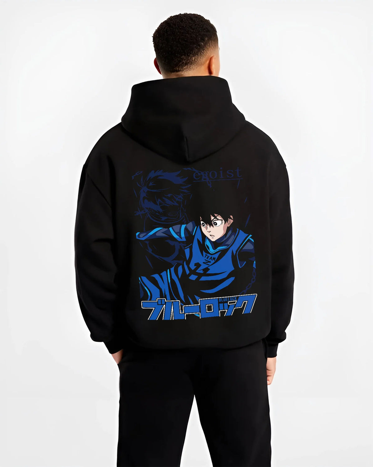 Black hoodie model back view showing Yoichi Isagi from Blue Lock: Blue Lock football striker