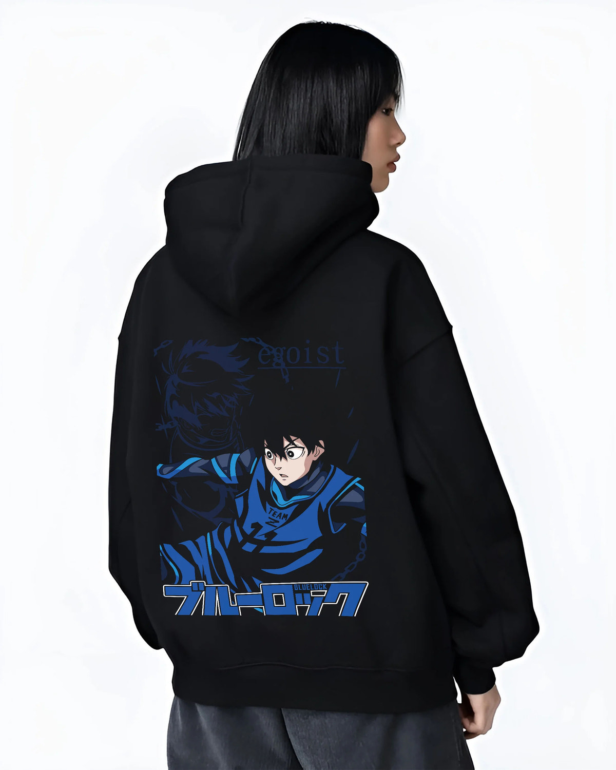 Black hoodie female model back view showing Yoichi Isagi from Blue Lock: Blue Lock football striker
