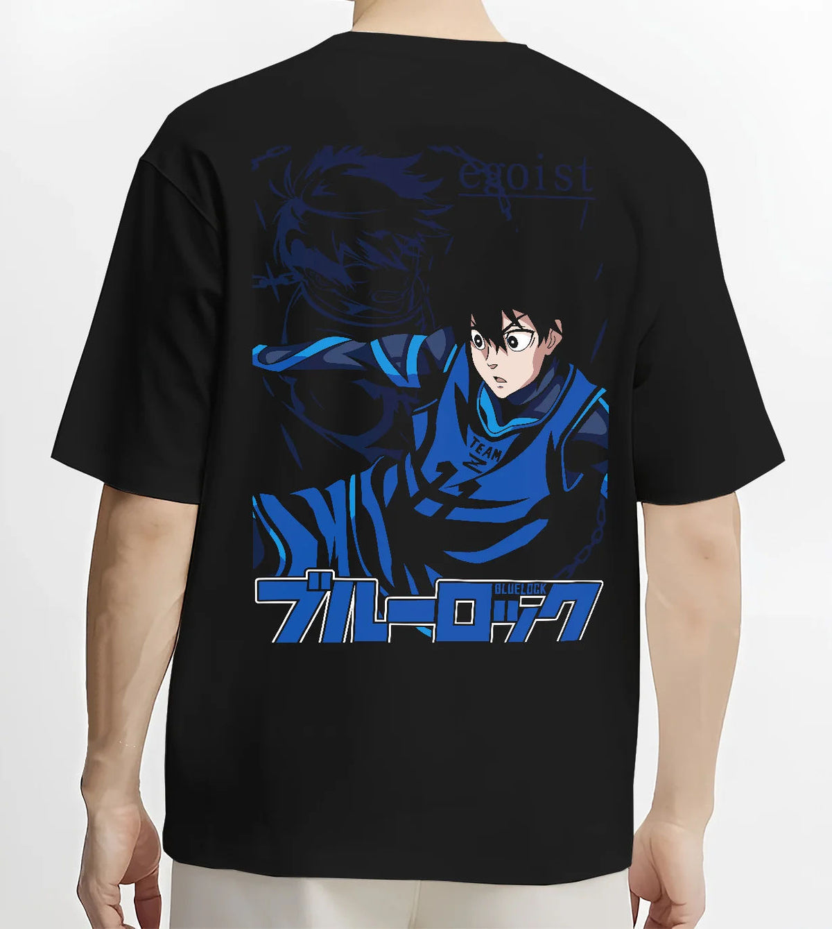 Black T-shirt model back view showing Yoichi Isagi from Blue Lock: Blue Lock football striker