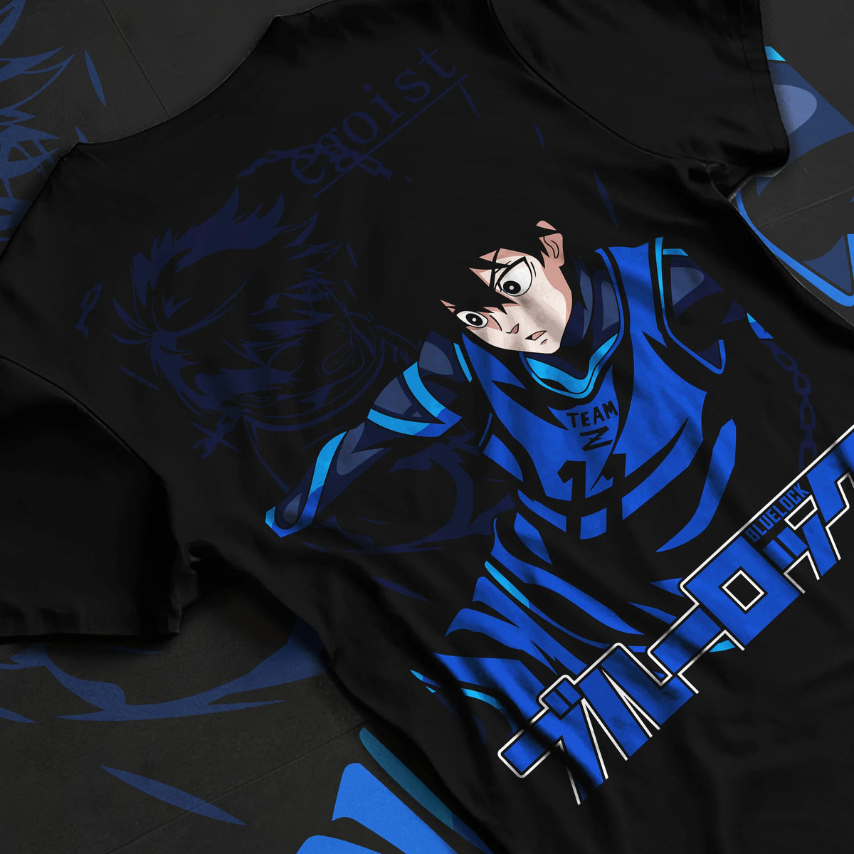 Black T-shirt flat back view showing Yoichi Isagi from Blue Lock: Blue Lock football striker