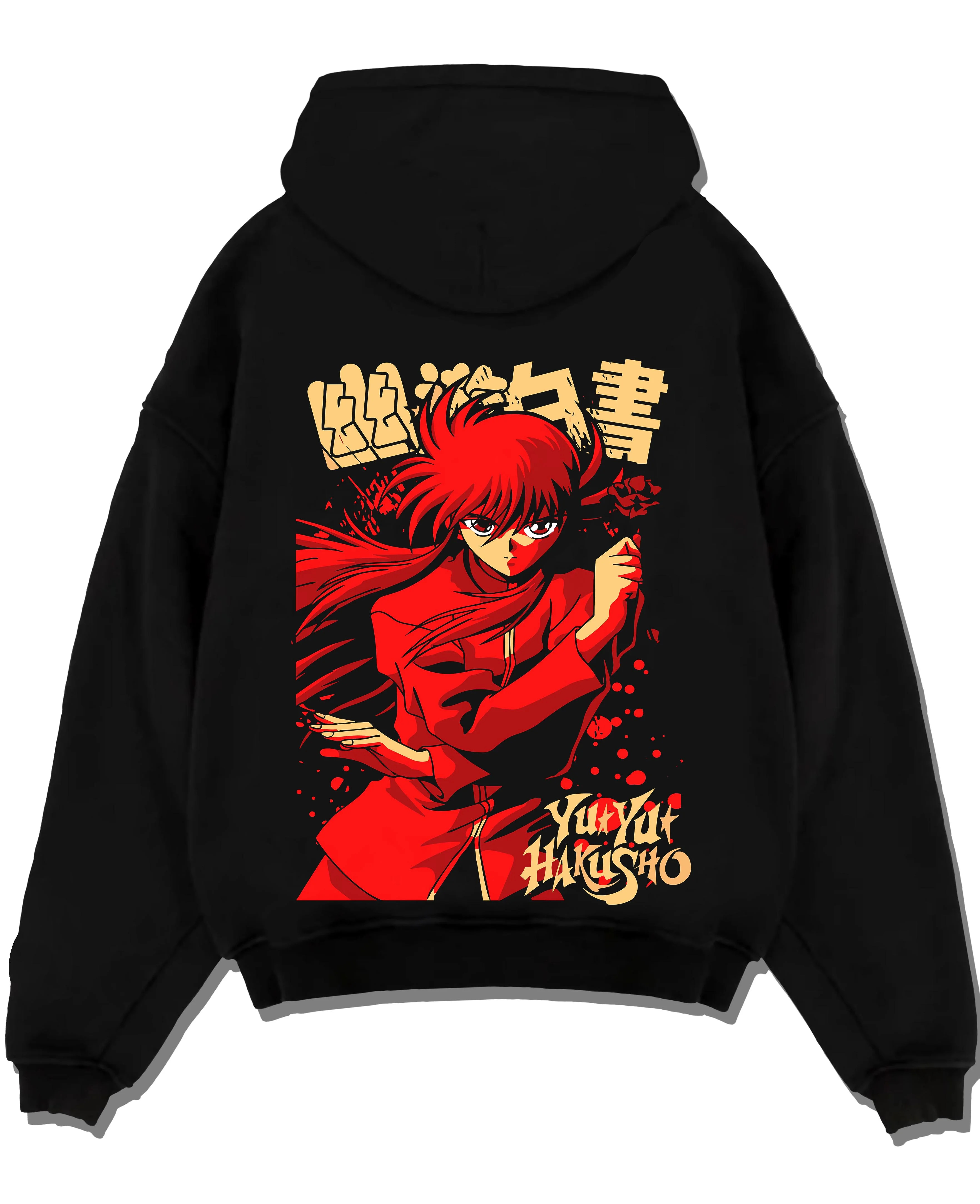 Black pullover hoodie laid flat with Kurama Hoodie Yu Yu Hakusho Red Battle Stance graphic premium wear.