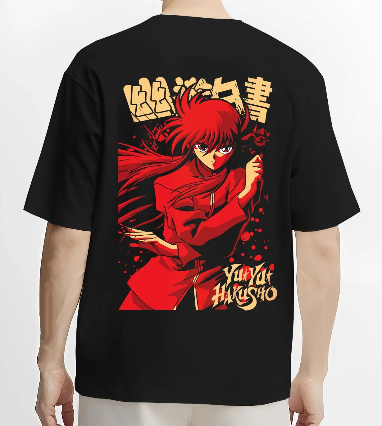 Black T-shirt worn by male model, back view with Kurama Hoodie Yu Yu Hakusho Red Battle Stance graphic Kurama anime design.