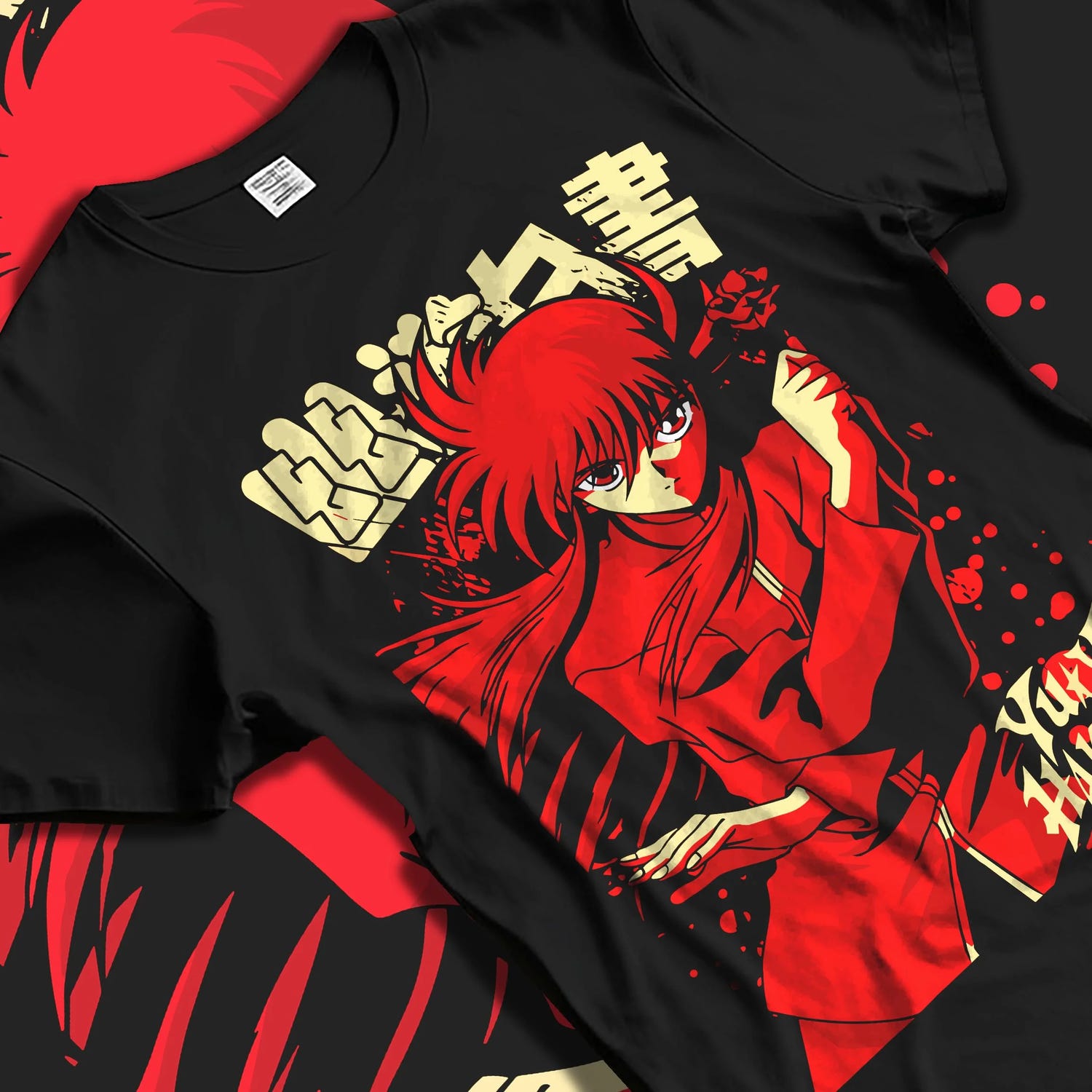 Black T-shirt laid flat with natural folds with Kurama Hoodie Yu Yu Hakusho Red Battle Stance graphic streetwear graphic.