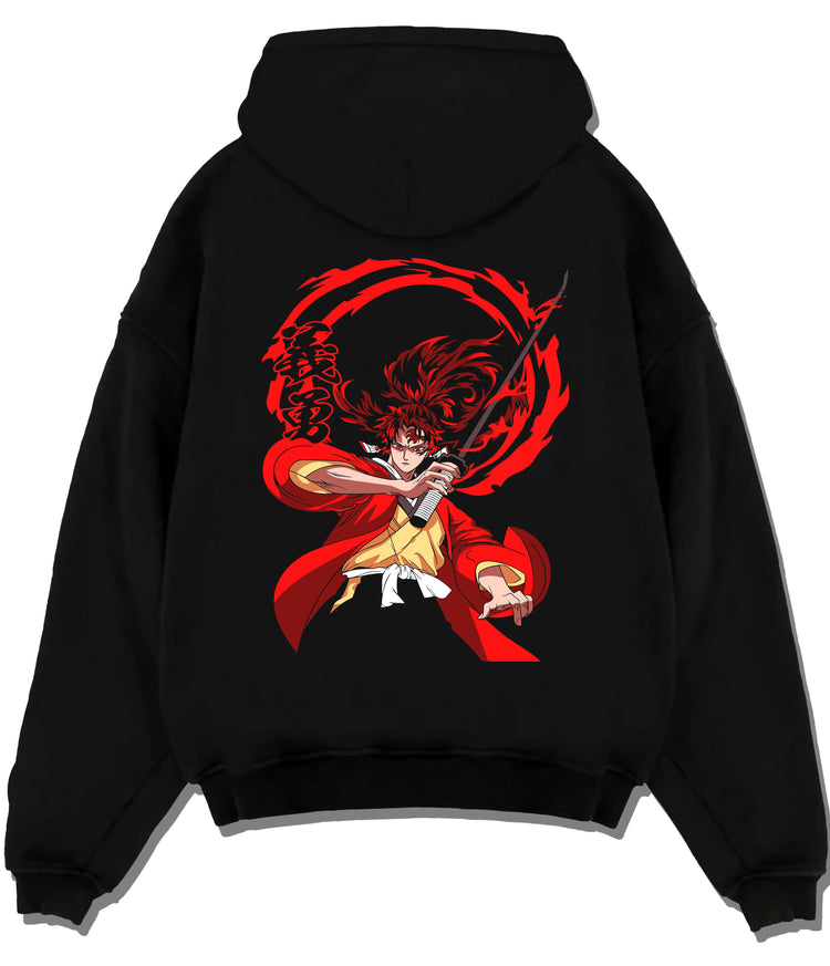 Black hoodie flat back view showing Yoriichi Tsugikuni from Demon Slayer: red sun-breathing sword attack
