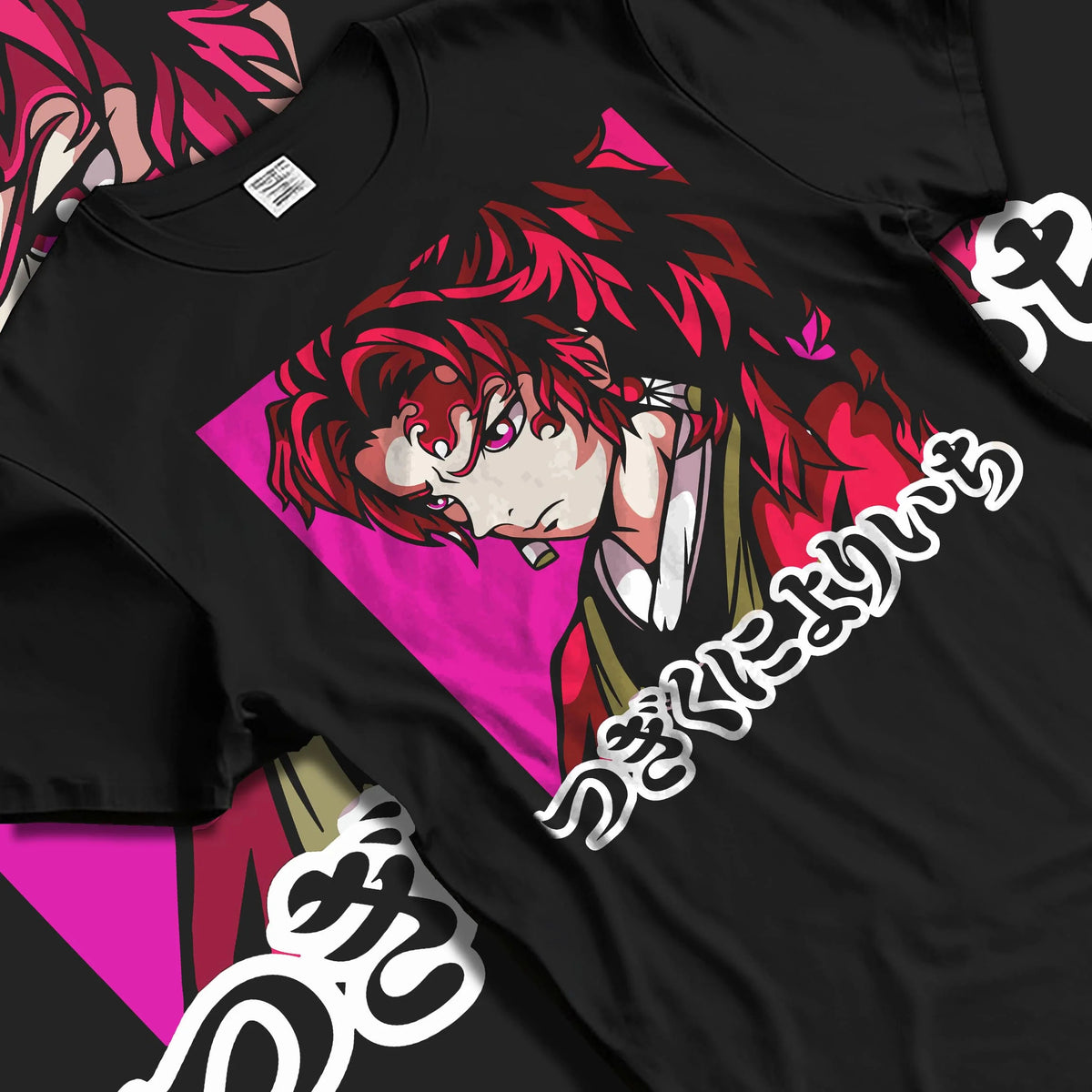 Black T-shirt laid flat with natural folds featuring Yoriichi Tsugikuni Sun Breathing sword Demon Slayer artwork.