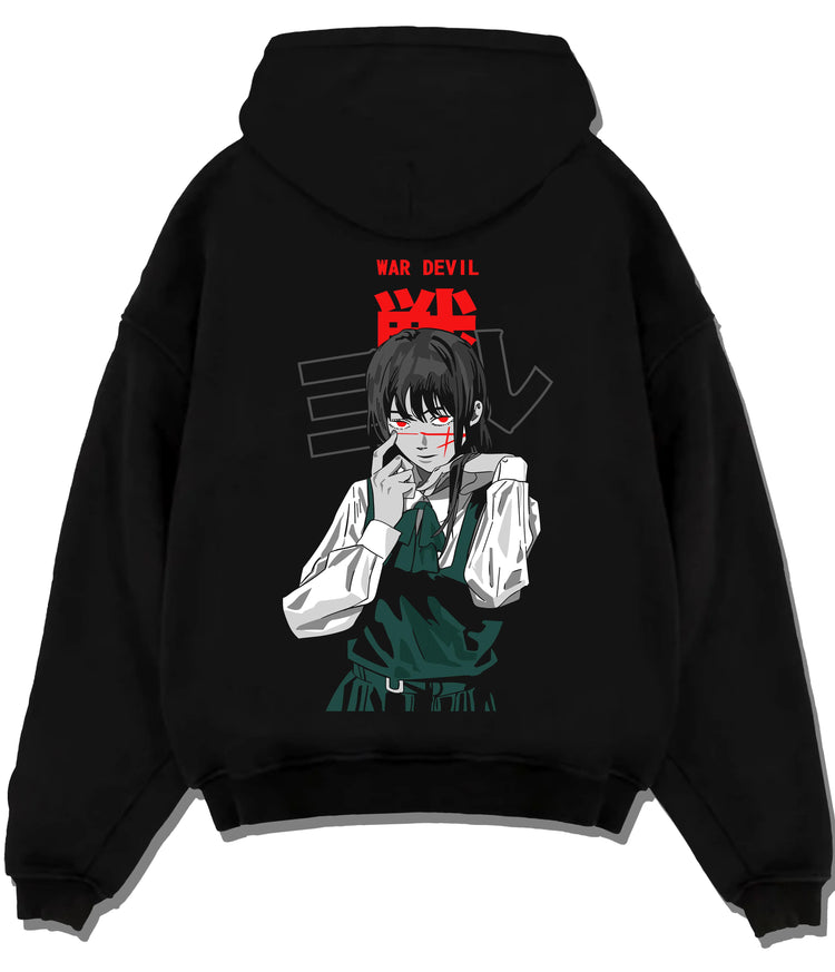 Black hoodie flat back view showing Yoru / Asa Mitaka from Chainsaw Man: War Devil portrait