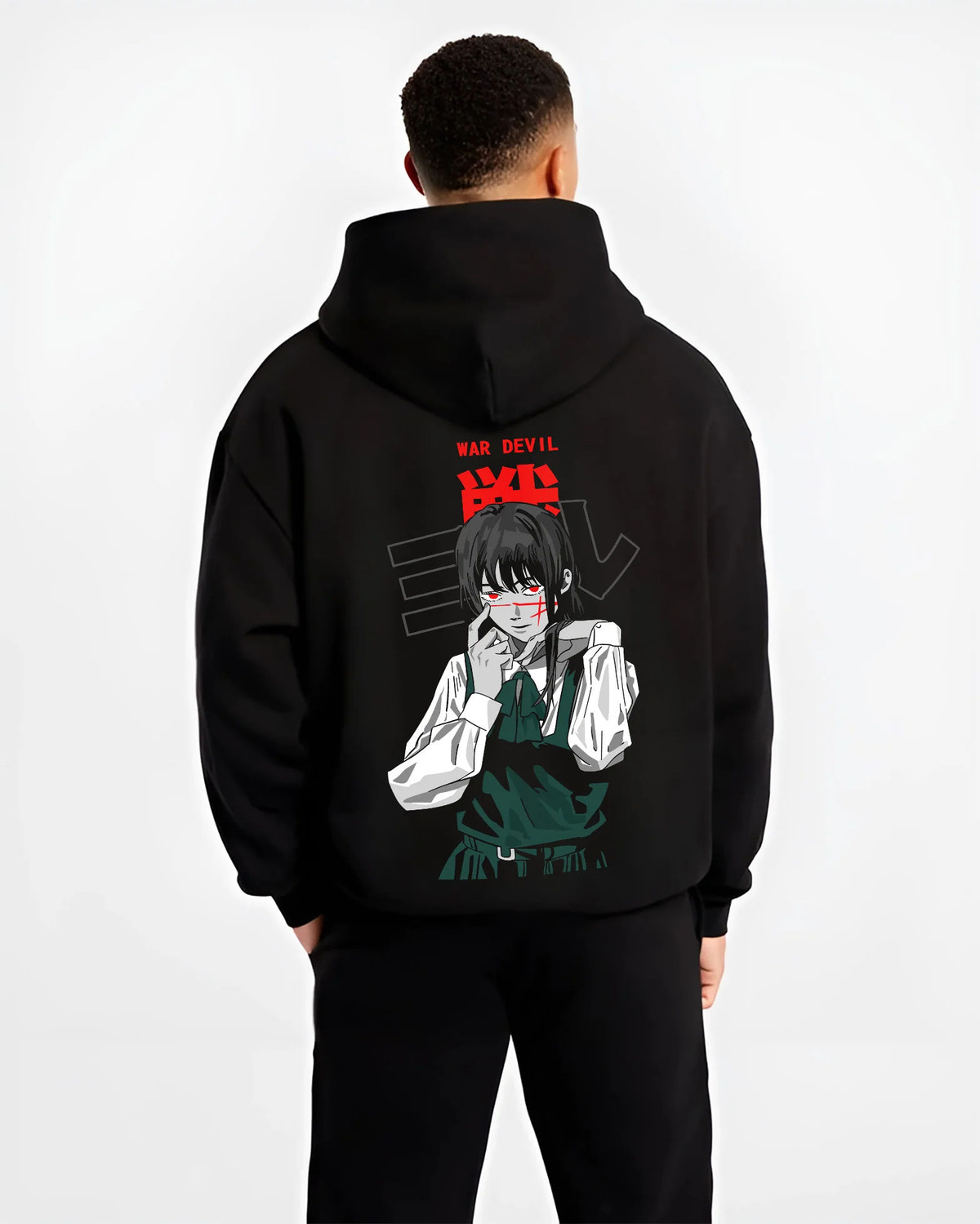 Black hoodie model back view showing Yoru / Asa Mitaka from Chainsaw Man: War Devil portrait