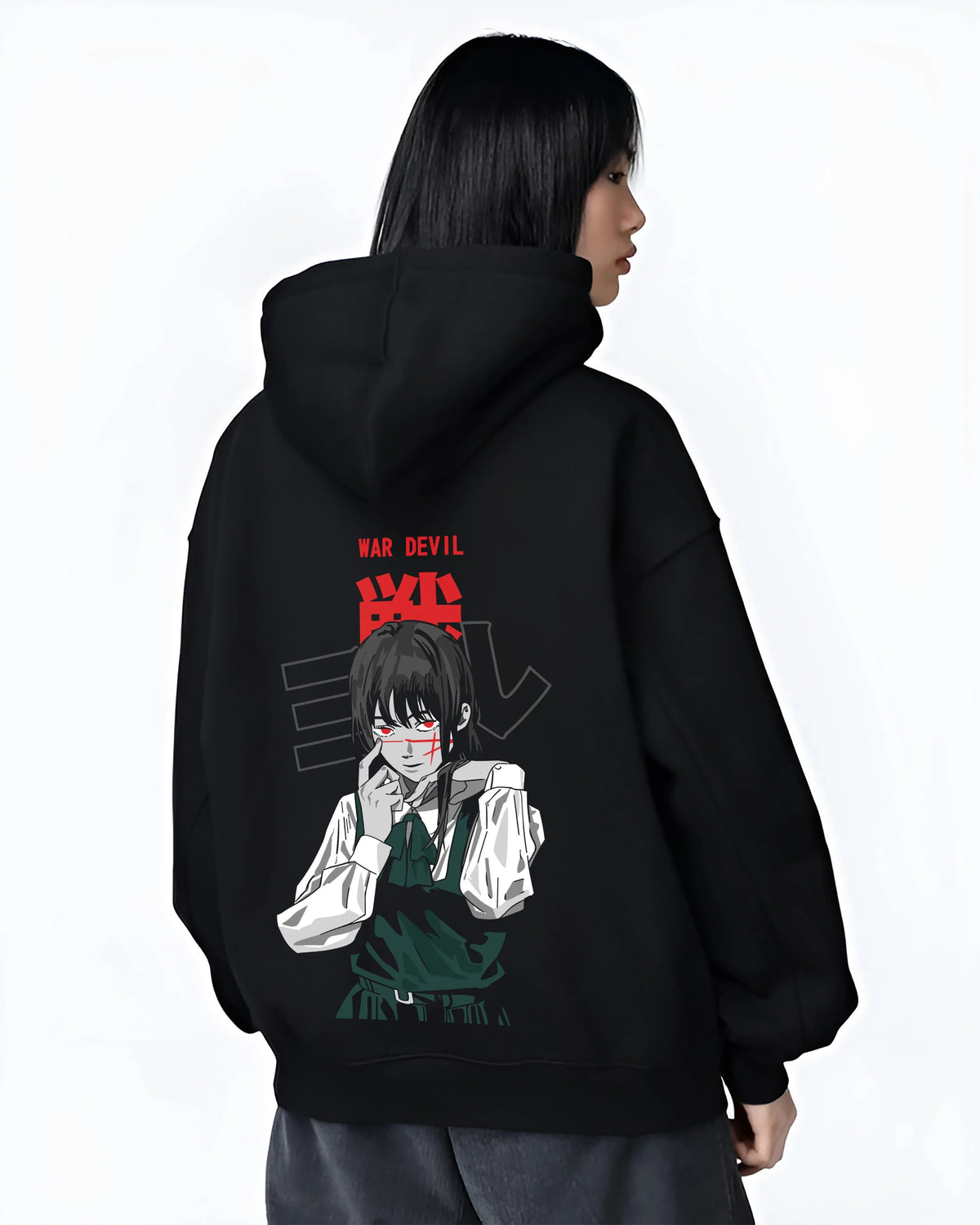 Black hoodie female model back view showing Yoru / Asa Mitaka from Chainsaw Man: War Devil portrait