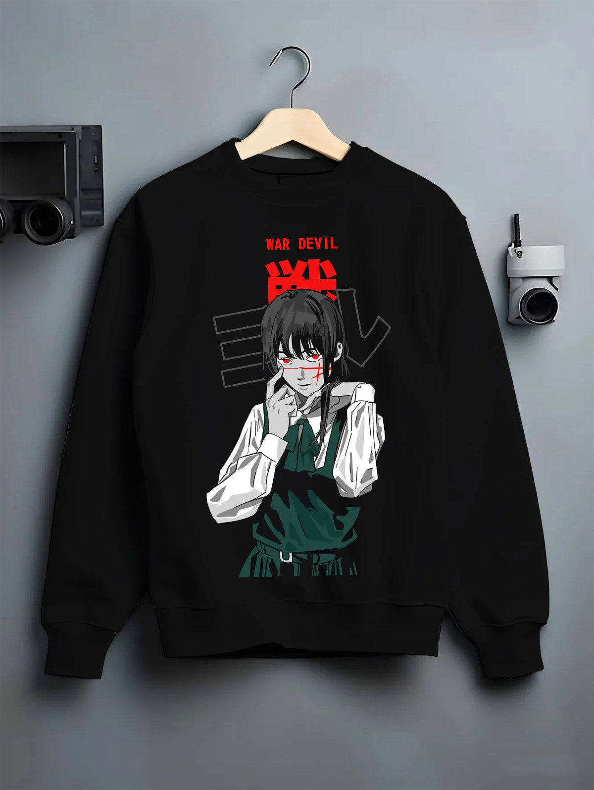 Black crewneck sweatshirt on hanger showing Yoru / Asa Mitaka from Chainsaw Man: War Devil portrait