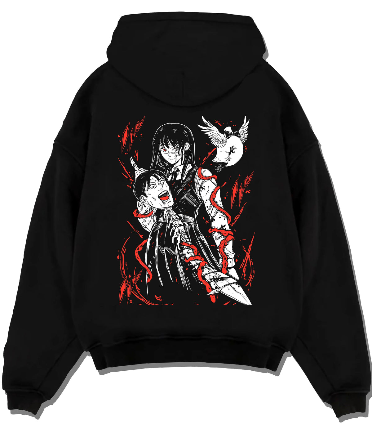 Black hoodie flat back view showing Asa Mitaka and Yoru from Chainsaw Man: War Devil crossover