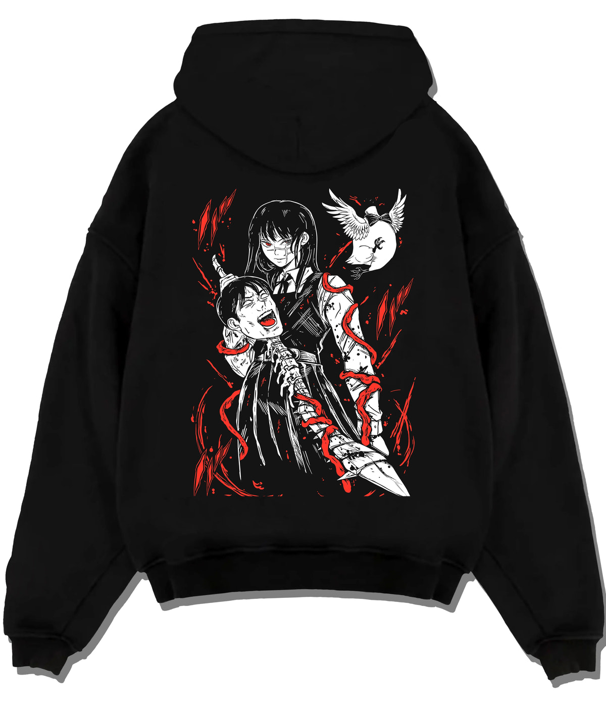 Black hoodie flat back view showing Asa Mitaka and Yoru from Chainsaw Man: War Devil crossover