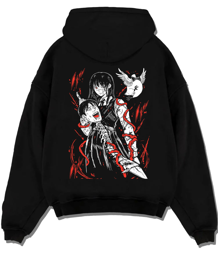 Black hoodie flat back view showing Asa Mitaka and Yoru from Chainsaw Man: War Devil crossover
