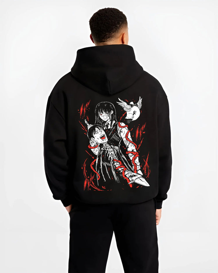 Black hoodie model back view showing Asa Mitaka and Yoru from Chainsaw Man: War Devil crossover