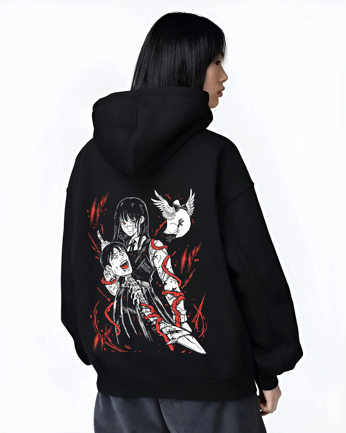 Black hoodie female model back view showing Asa Mitaka and Yoru from Chainsaw Man: War Devil crossover
