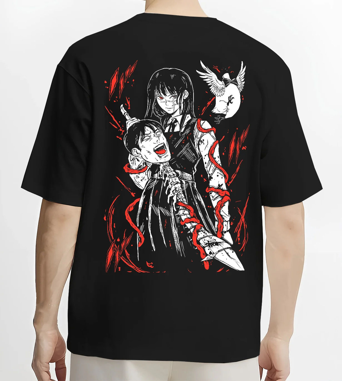 Black T-shirt model back view showing Asa Mitaka and Yoru from Chainsaw Man: War Devil crossover