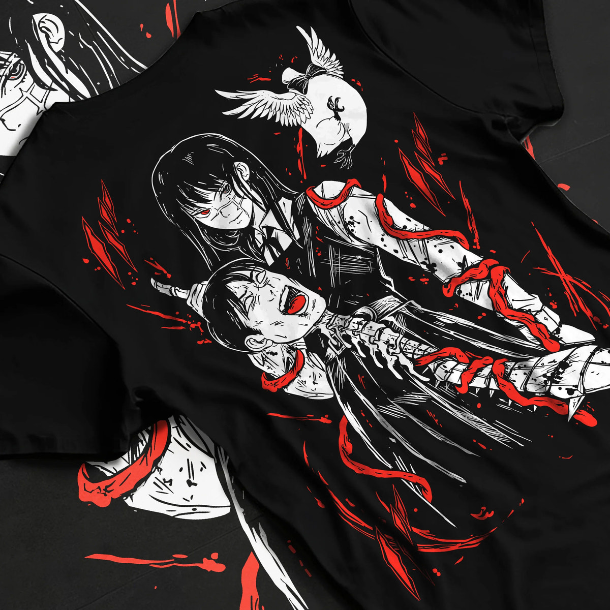 Black T-shirt flat back view showing Asa Mitaka and Yoru from Chainsaw Man: War Devil crossover