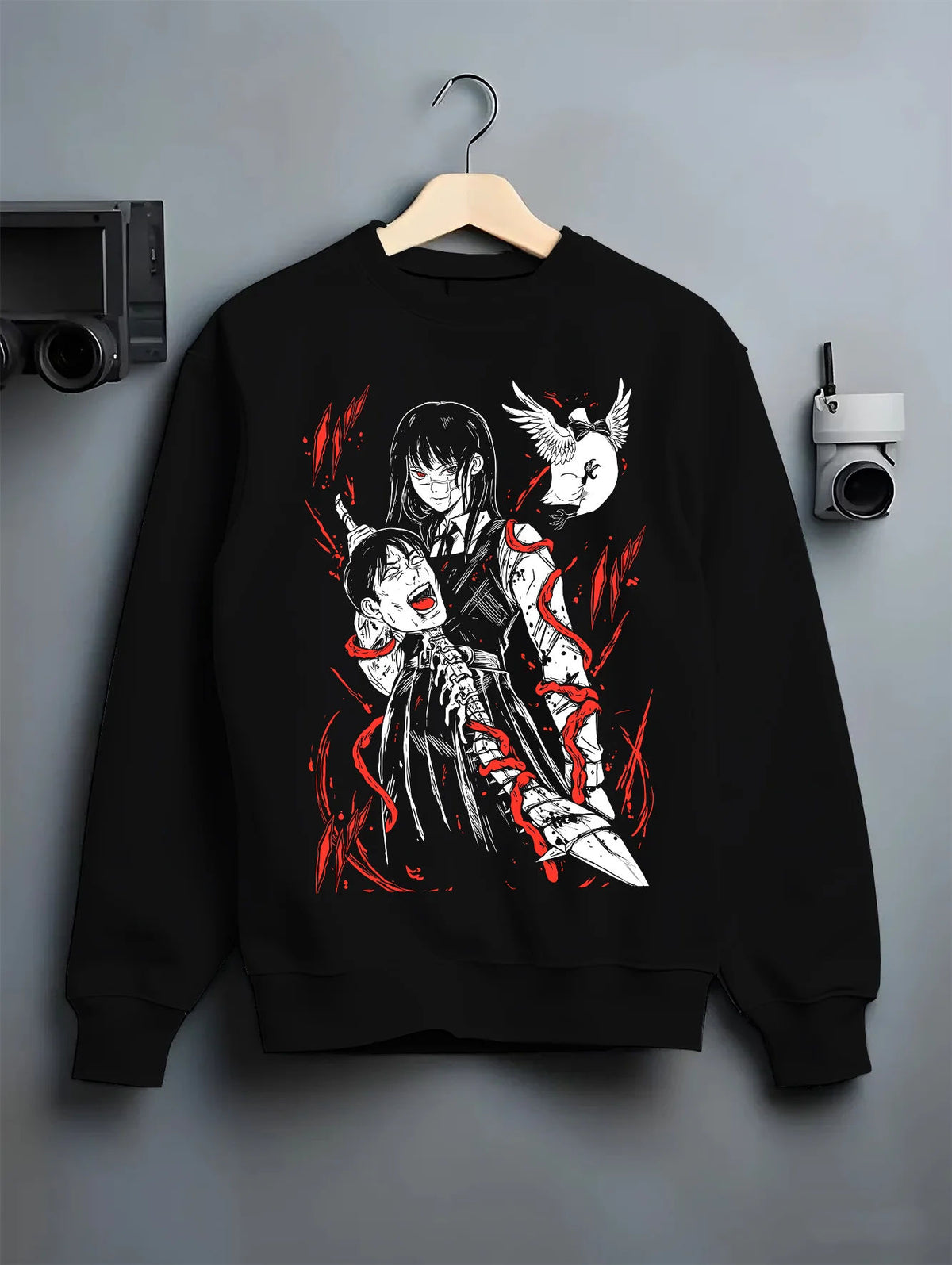 Black crewneck sweatshirt on hanger showing Asa Mitaka and Yoru from Chainsaw Man: War Devil crossover