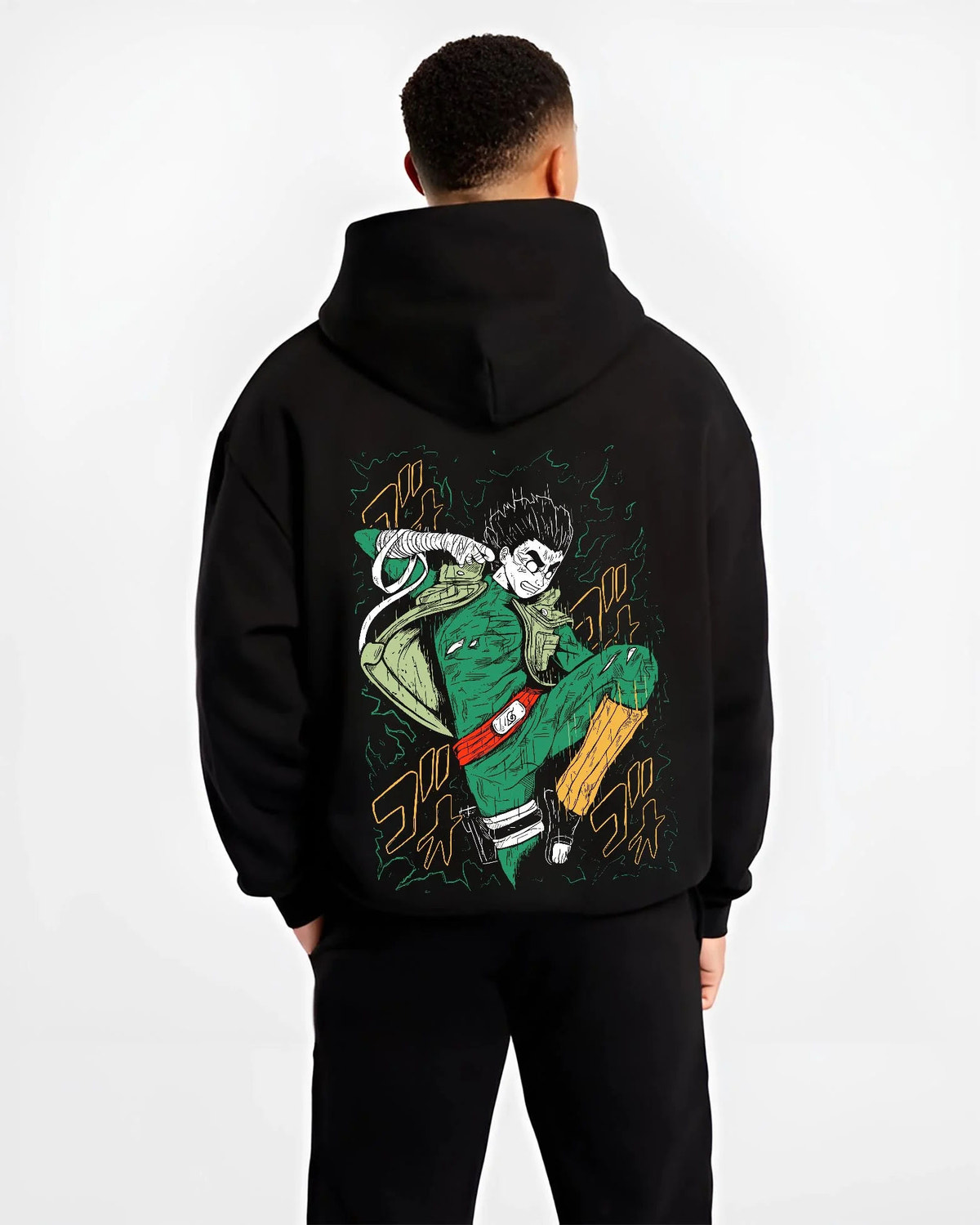 Black hoodie worn by male model from the back featuring Might Guy Power of Youth taijutsu Naruto artwork.