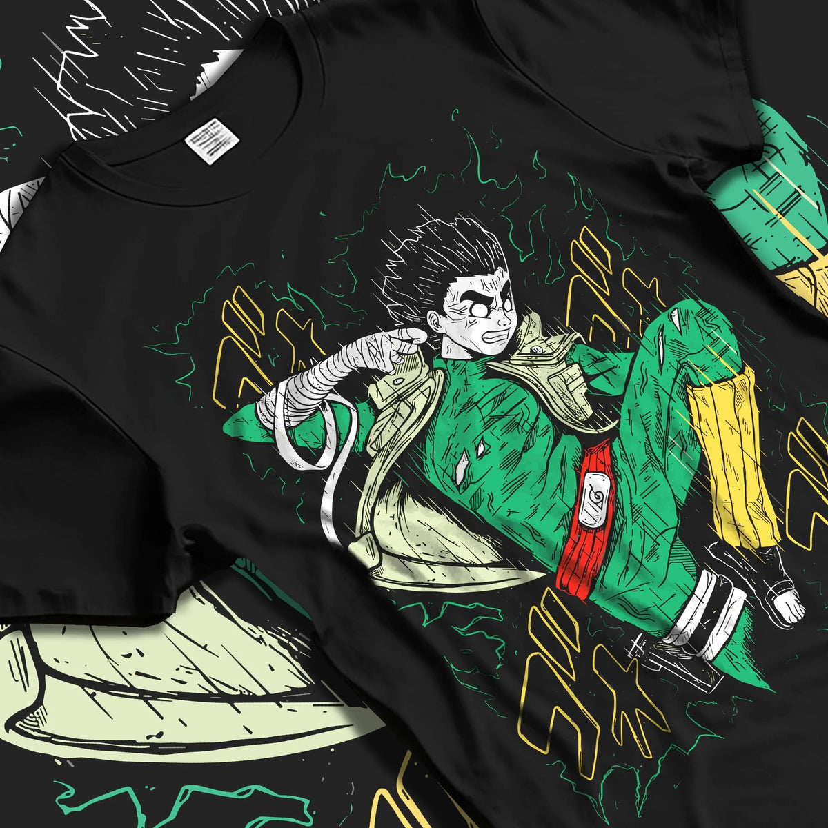 Black T-shirt laid flat with natural folds featuring Might Guy Power of Youth taijutsu Naruto artwork.
