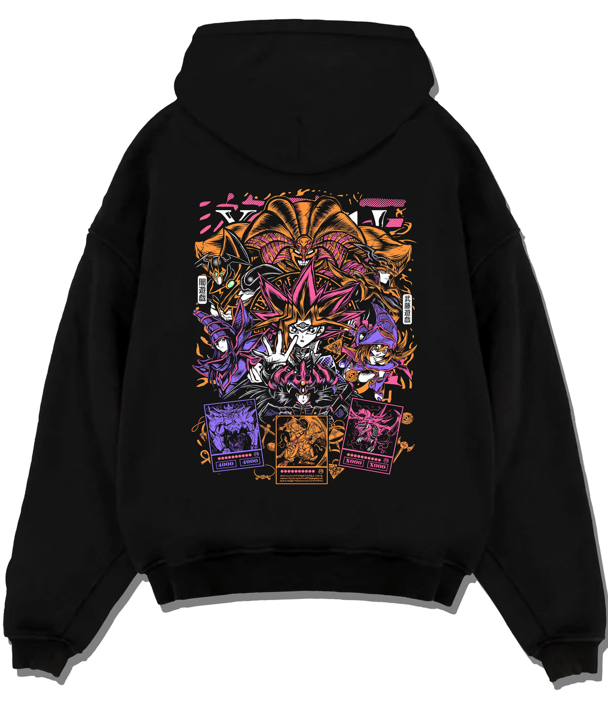 Black hoodie flat back view with Yu-Gi-Oh! monsters and duelling cards collage illustrated back graphic