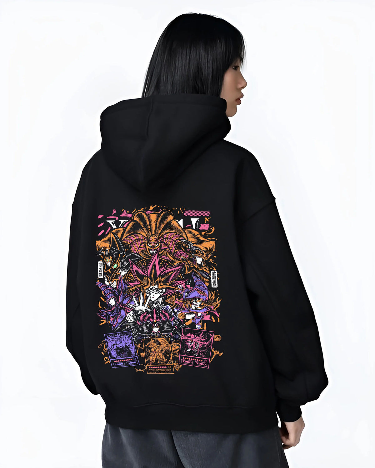 Black hoodie female model back view with Yu-Gi-Oh! monsters and duelling cards collage illustrated back graphic