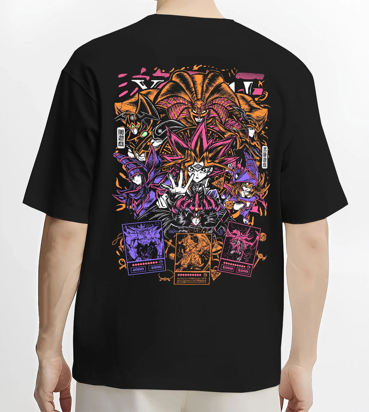 Black T-shirt model back view with Yu-Gi-Oh! monsters and duelling cards collage illustrated back graphic