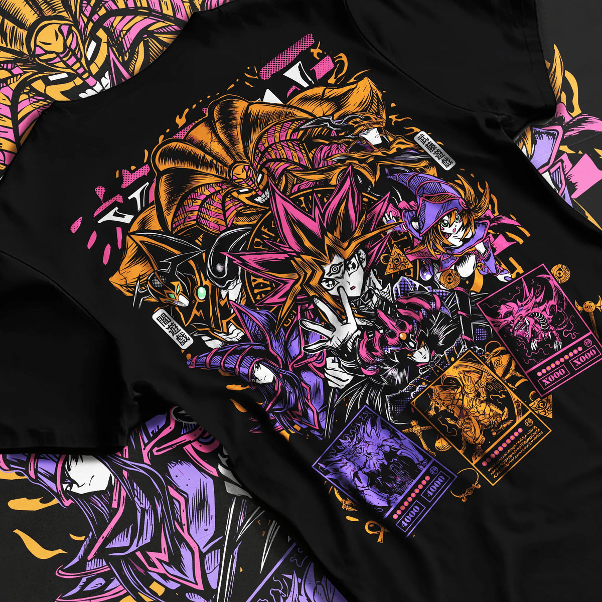 Black T-shirt flat back view with Yu-Gi-Oh! monsters and duelling cards collage illustrated back graphic