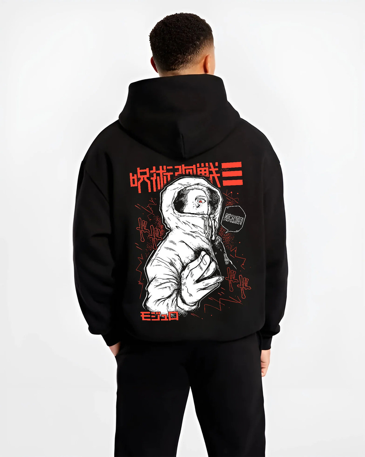 Black hoodie model back view showing Yuji Itadori from Jujutsu Kaisen: hooded manga side portrait