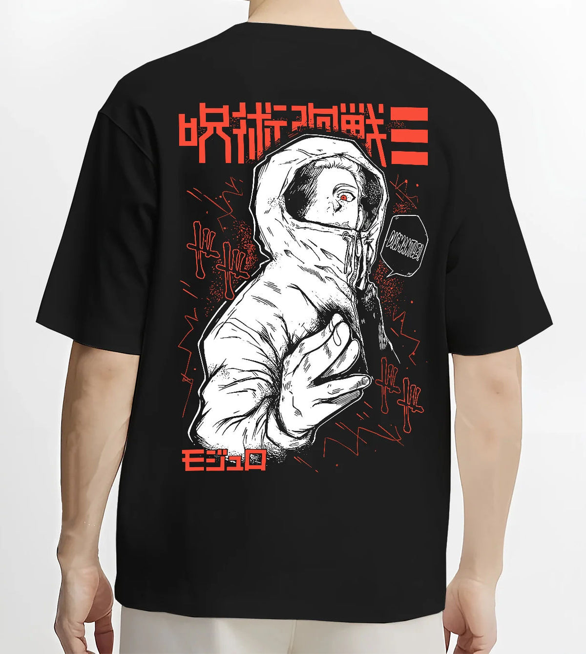 Black T-shirt model back view showing Yuji Itadori from Jujutsu Kaisen: hooded manga side portrait