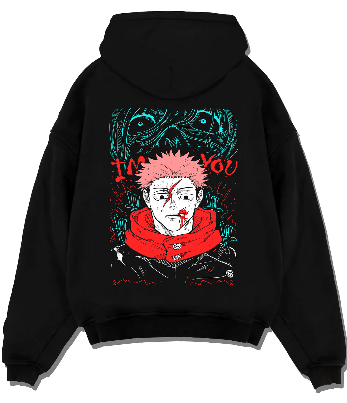 Black hoodie flat back view showing Yuji Itadori / Sukuna from Jujutsu Kaisen: scarred face red scarf artwork