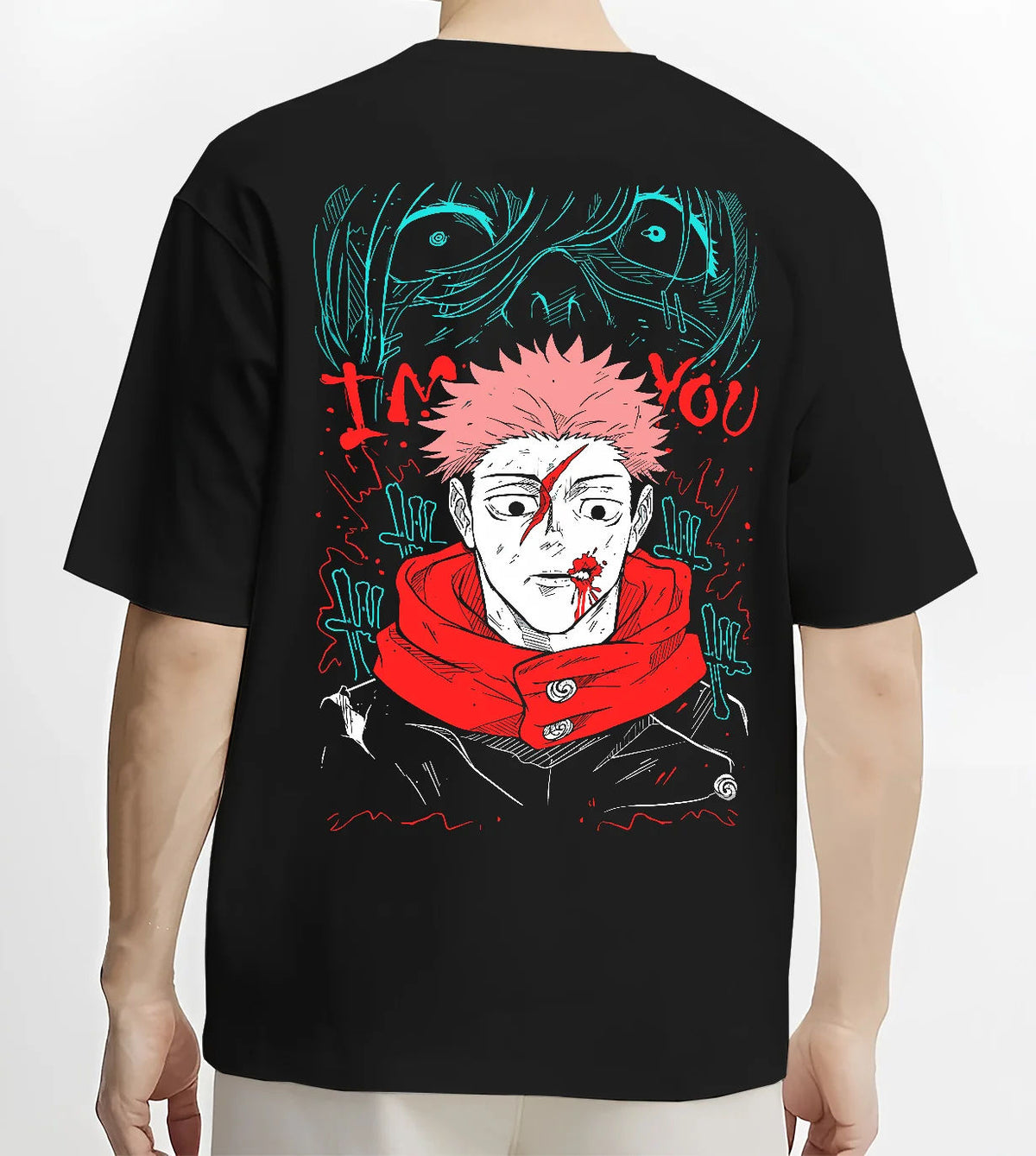 Black T-shirt model back view showing Yuji Itadori / Sukuna from Jujutsu Kaisen: scarred face red scarf artwork
