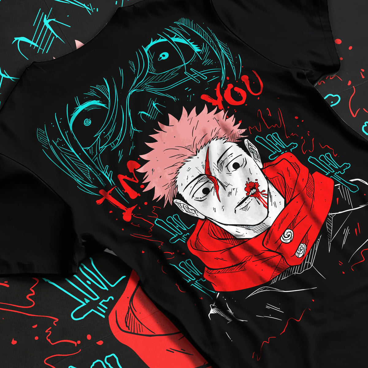 Black T-shirt flat back view showing Yuji Itadori / Sukuna from Jujutsu Kaisen: scarred face red scarf artwork
