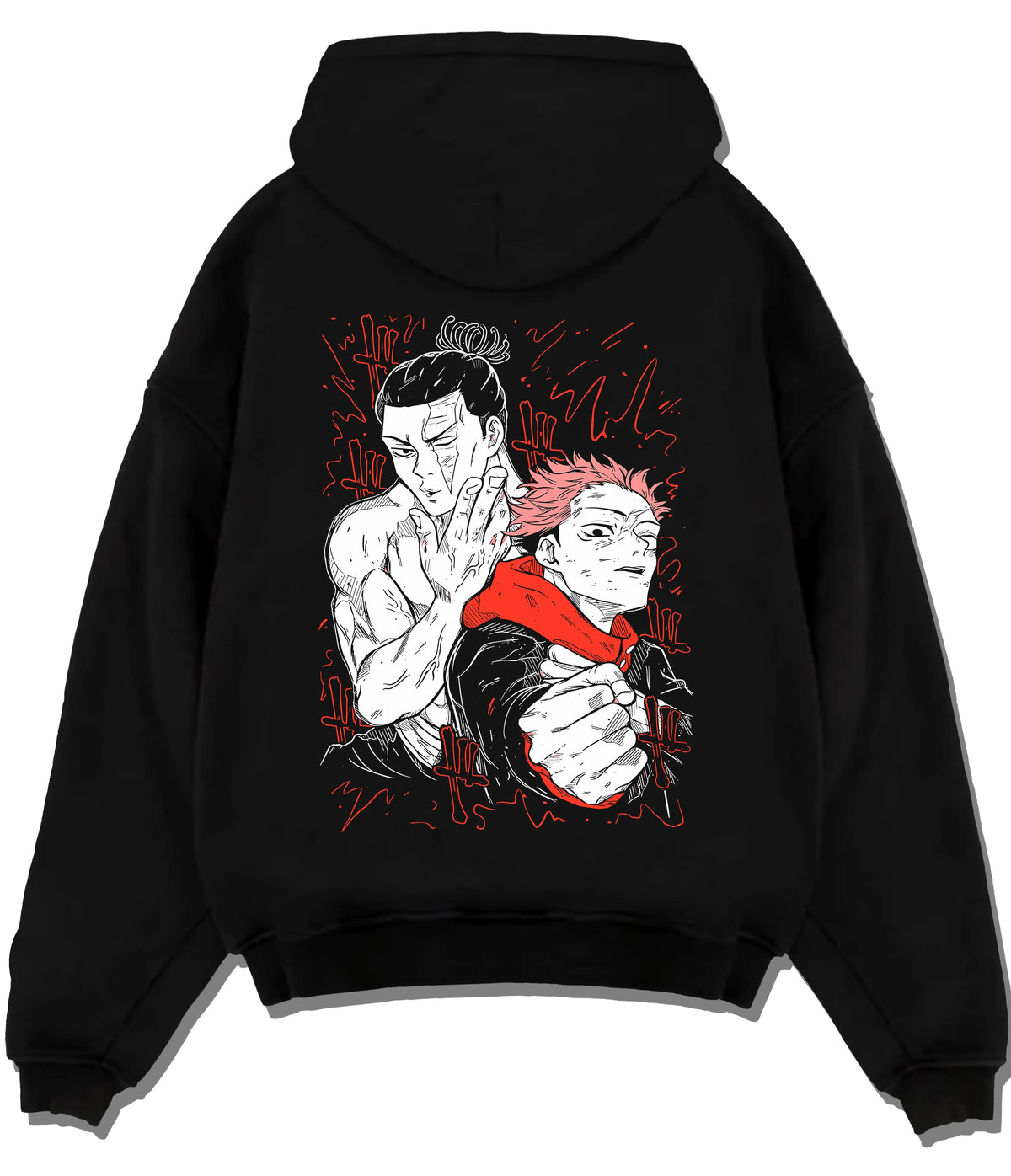Black hoodie flat back view showing Yuji Itadori and teammate from Jujutsu Kaisen: fight scene illustration