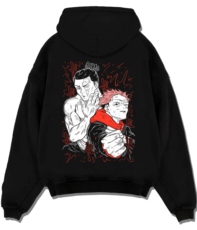 Black hoodie flat back view showing Yuji Itadori and teammate from Jujutsu Kaisen: fight scene illustration
