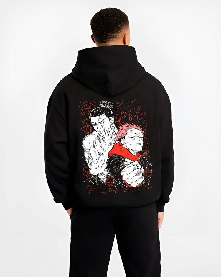 Black hoodie model back view showing Yuji Itadori and teammate from Jujutsu Kaisen: fight scene illustration