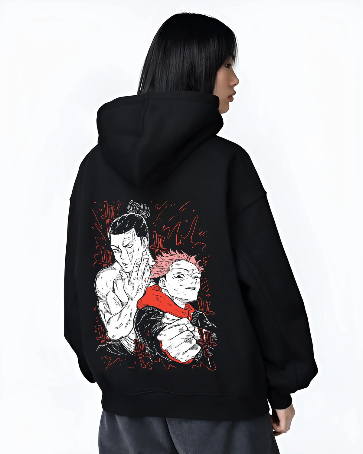 Black hoodie female model back view showing Yuji Itadori and teammate from Jujutsu Kaisen: fight scene illustration