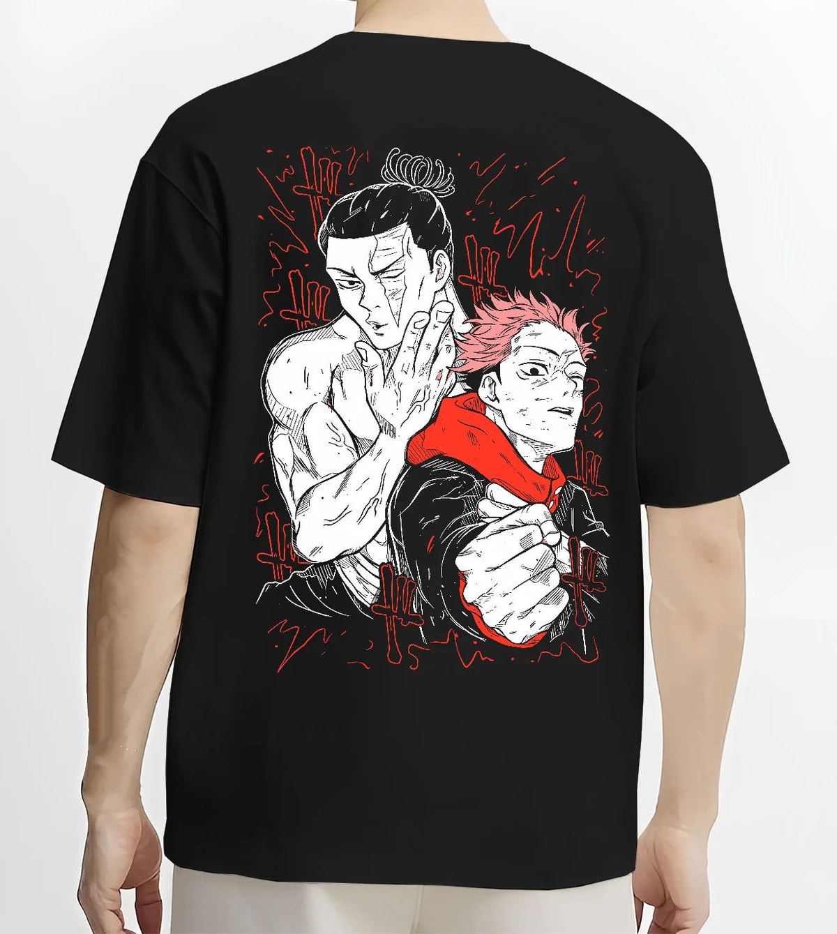 Black T-shirt model back view showing Yuji Itadori and teammate from Jujutsu Kaisen: fight scene illustration