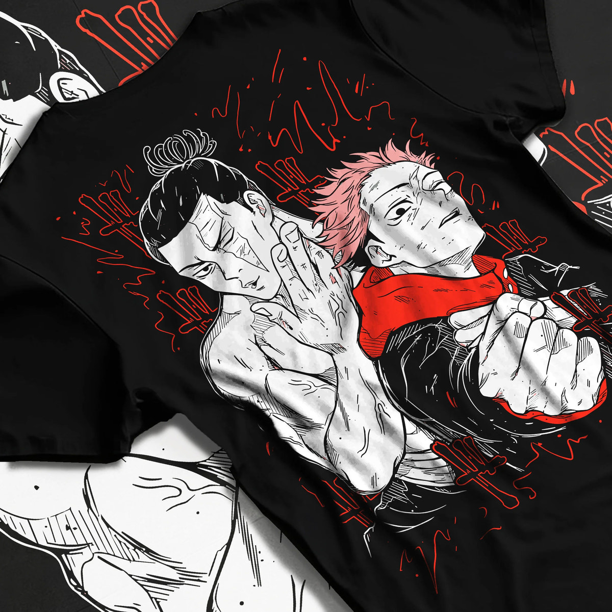 Black T-shirt flat back view showing Yuji Itadori and teammate from Jujutsu Kaisen: fight scene illustration