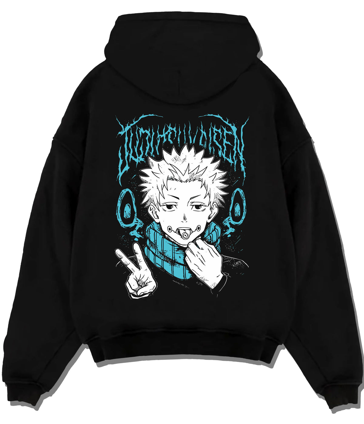 Black hoodie flat back view showing Yuji Itadori from Jujutsu Kaisen: eating Sukuna finger